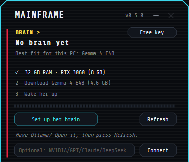 Capri Mainframe with the Set up her brain button, the Free key button and the API key box
