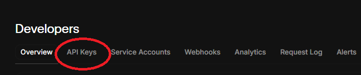 The Developers page with the API Keys tab circled