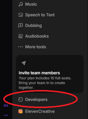 The bottom of the ElevenLabs sidebar with Developers circled
