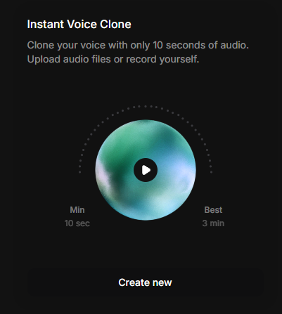 The ElevenLabs Instant Voice Clone card with its Create new button