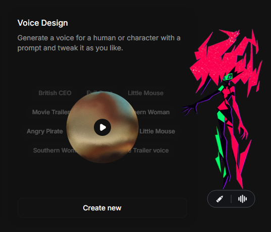 The ElevenLabs Voice Design card with its Create new button