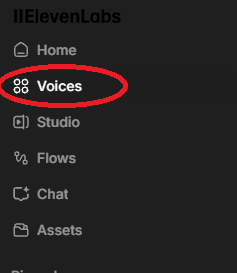 The ElevenLabs sidebar with Voices circled