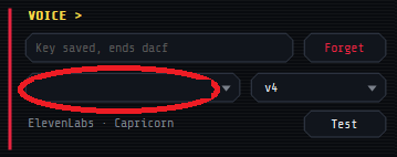 The Mainframe VOICE section with the Voice ID box circled and the v4 model picked